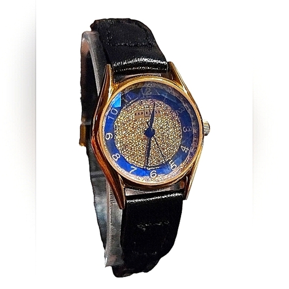 LA Expresss Accessories - Vintage Women's LA Express Watch Gold Tone Blue Faceted Face Black Leather Band